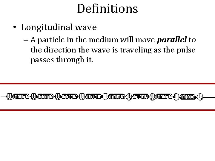 Definitions • Longitudinal wave – A particle in the medium will move parallel to