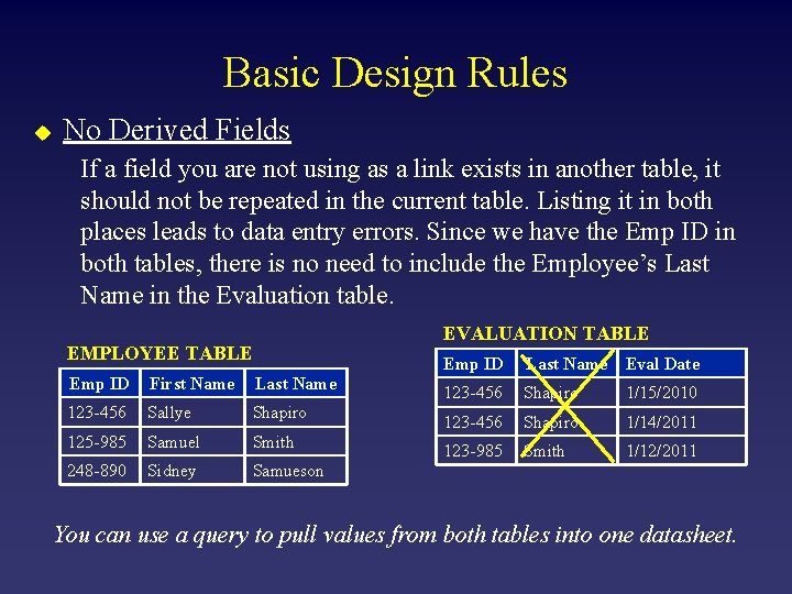 Basic Design Rules u No Derived Fields If a field you are not using