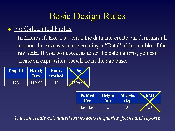 Basic Design Rules u No Calculated Fields In Microsoft Excel we enter the data
