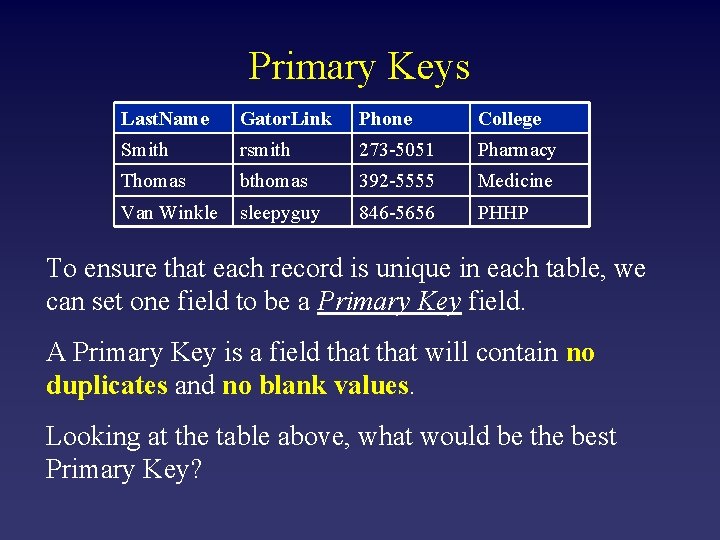 Primary Keys Last. Name Gator. Link Phone College Smith rsmith 273 -5051 Pharmacy Thomas