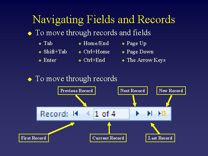 Navigating Fields and Records u To move through records and fields v v v