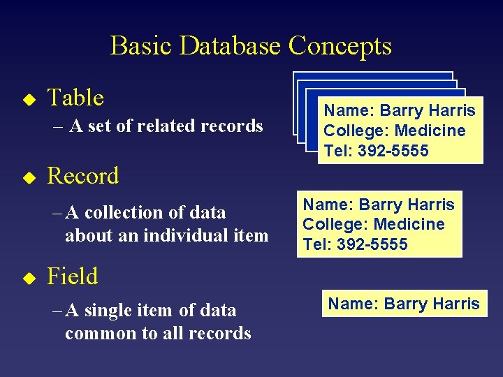 Basic Database Concepts u Table – A set of related records u Record –