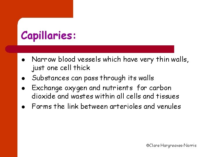 Capillaries: l l Narrow blood vessels which have very thin walls, just one cell