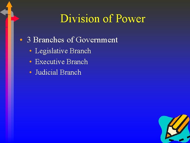 Division of Power • 3 Branches of Government • Legislative Branch • Executive Branch