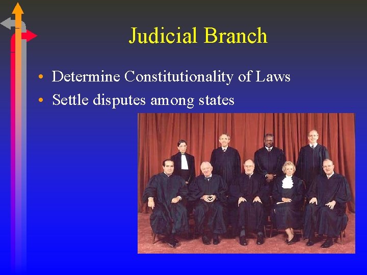 Judicial Branch • Determine Constitutionality of Laws • Settle disputes among states 