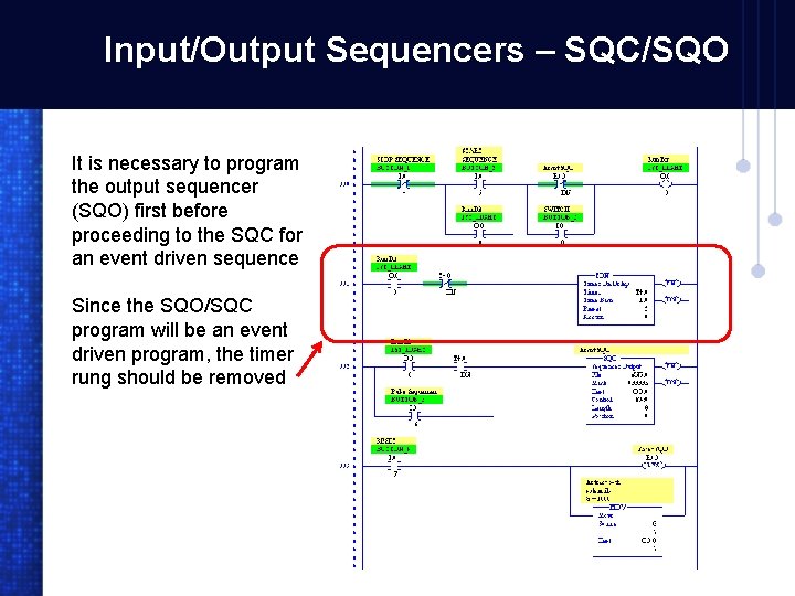 Input/Output Sequencers – SQC/SQO It is necessary to program the output sequencer (SQO) first