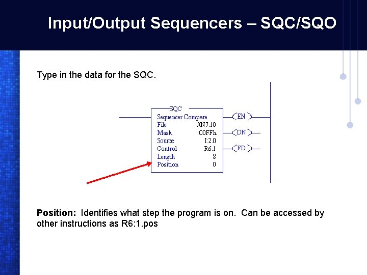 Input/Output Sequencers – SQC/SQO Type in the data for the SQC. Position: Identifies what