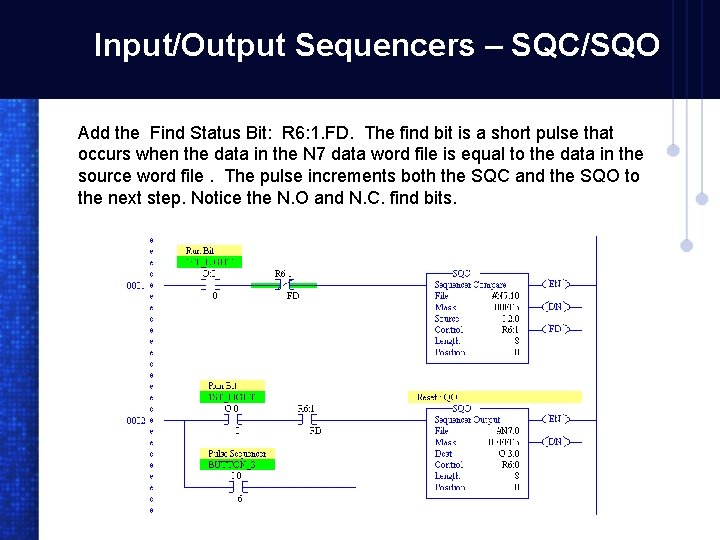Input/Output Sequencers – SQC/SQO Add the Find Status Bit: R 6: 1. FD. The