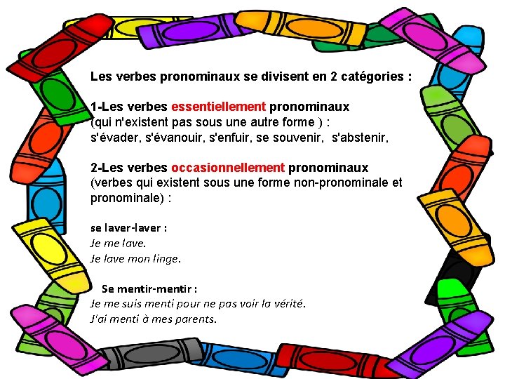Les verbes pronominaux se divisent en 2 catégories : 1 -Les verbes essentiellement pronominaux