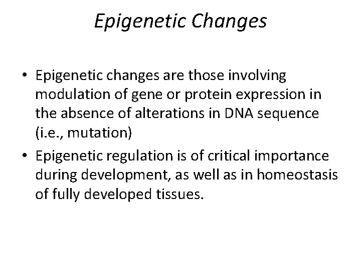 Epigenetic Changes • Epigenetic changes are those involving modulation of gene or protein expression