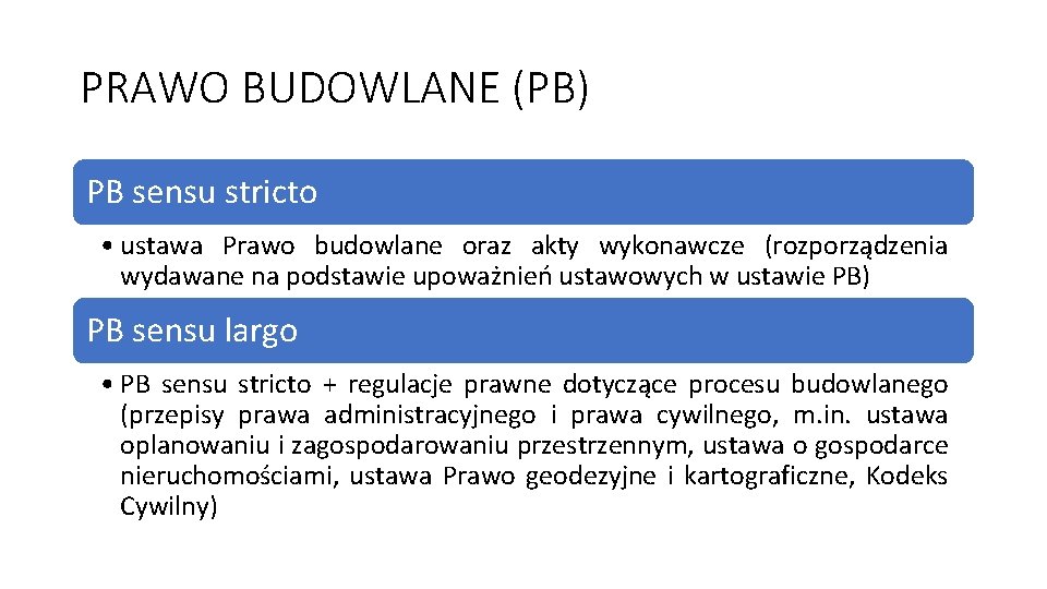 PRAWO BUDOWLANE (PB) PB sensu stricto • ustawa Prawo budowlane oraz akty wykonawcze (rozporządzenia