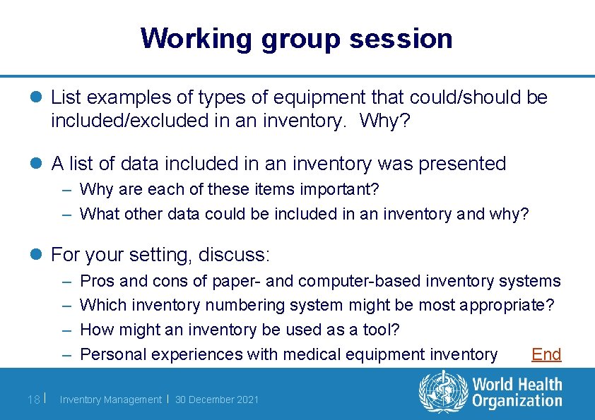 Working group session l List examples of types of equipment that could/should be included/excluded
