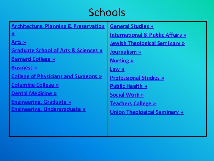 Schools Architecture, Planning & Preservation » Arts » Graduate School of Arts & Sciences