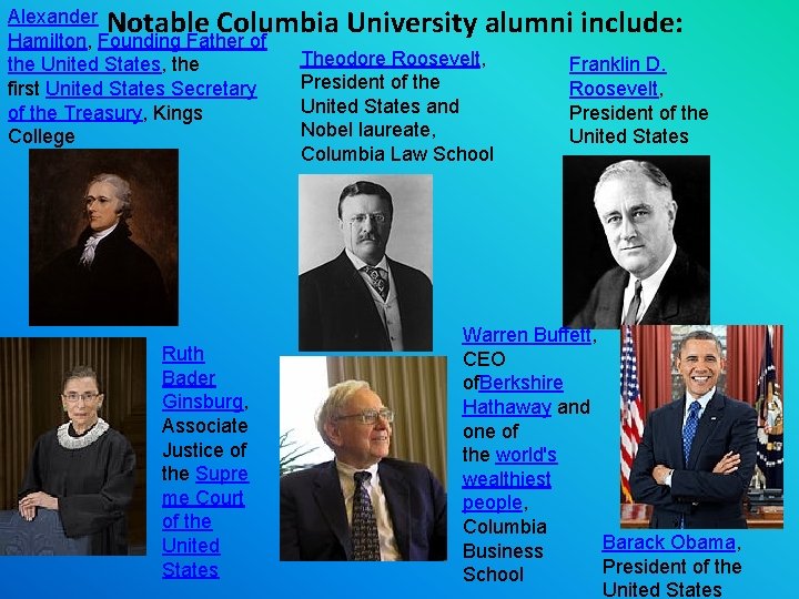 Alexander Notable Columbia University alumni include: Hamilton, Founding Father of Theodore Roosevelt, the United