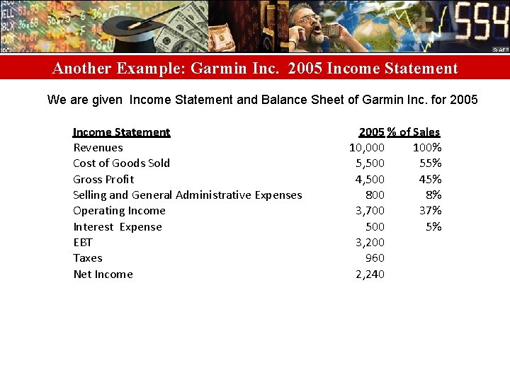 Another Example: Garmin Inc. 2005 Income Statement We are given Income Statement and Balance