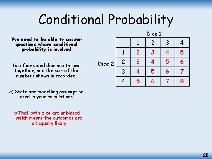 Conditional Probability Dice 1 You need to be able to answer questions where conditional