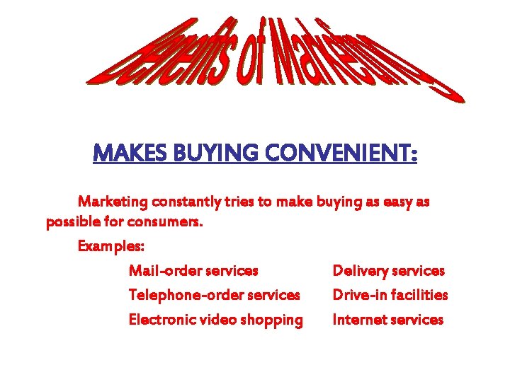 MAKES BUYING CONVENIENT: Marketing constantly tries to make buying as easy as possible for MAKES BUYING CONVENIENT: Marketing constantly tries to make buying as easy as possible for