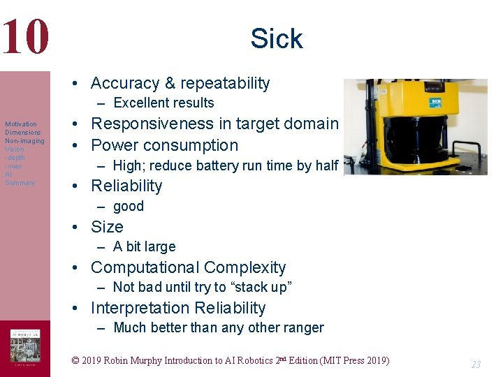 10 Sick • Accuracy & repeatability – Excellent results Motivation Dimensions Non-imaging Vision -depth 10 Sick • Accuracy & repeatability – Excellent results Motivation Dimensions Non-imaging Vision -depth