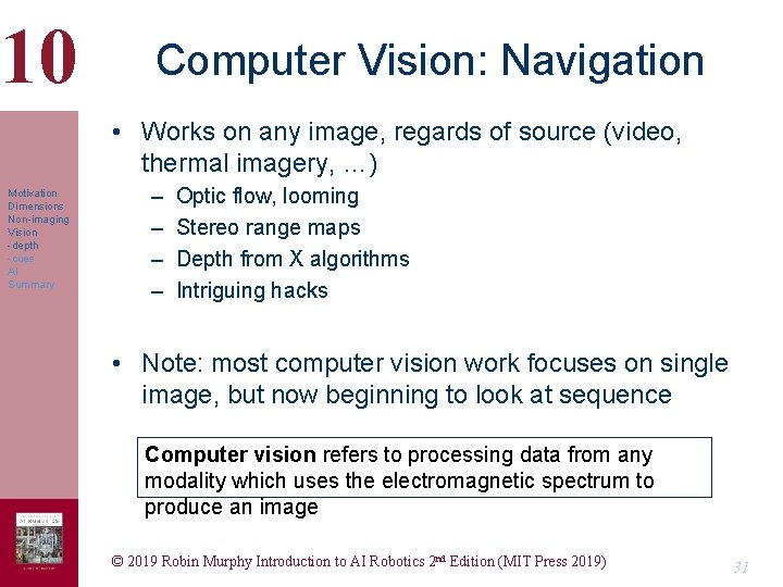 10 Computer Vision: Navigation • Works on any image, regards of source (video, thermal 10 Computer Vision: Navigation • Works on any image, regards of source (video, thermal