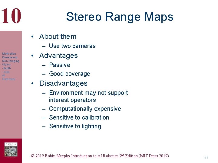 10 Stereo Range Maps • About them – Use two cameras Motivation Dimensions Non-imaging 10 Stereo Range Maps • About them – Use two cameras Motivation Dimensions Non-imaging