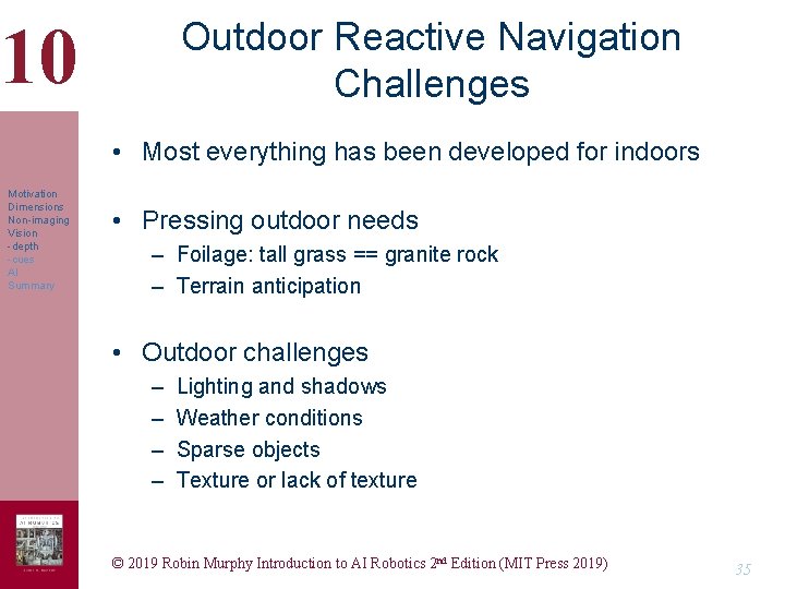10 Outdoor Reactive Navigation Challenges • Most everything has been developed for indoors Motivation 10 Outdoor Reactive Navigation Challenges • Most everything has been developed for indoors Motivation