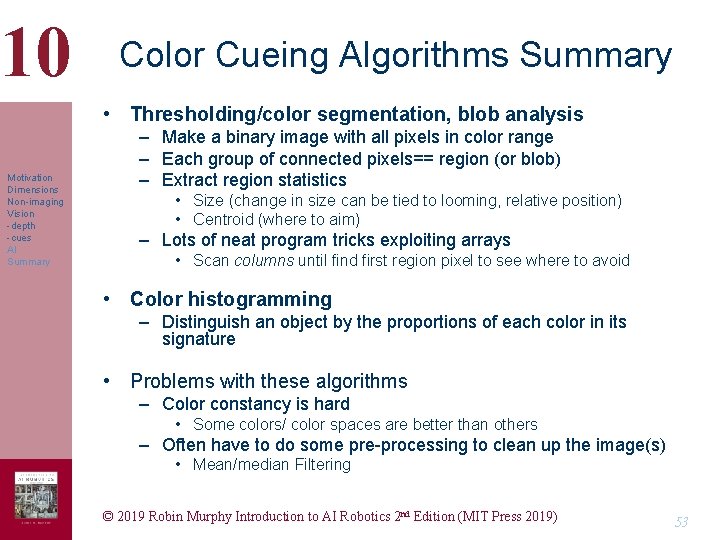 10 Color Cueing Algorithms Summary • Thresholding/color segmentation, blob analysis Motivation Dimensions Non-imaging Vision 10 Color Cueing Algorithms Summary • Thresholding/color segmentation, blob analysis Motivation Dimensions Non-imaging Vision