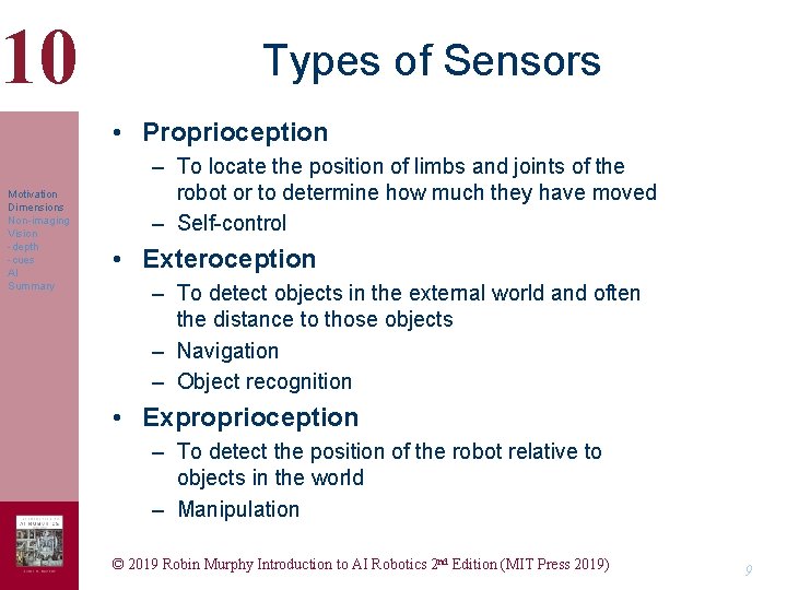 10 Types of Sensors • Proprioception Motivation Dimensions Non-imaging Vision -depth -cues AI Summary 10 Types of Sensors • Proprioception Motivation Dimensions Non-imaging Vision -depth -cues AI Summary