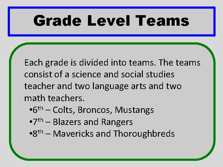 Grade Level Teams Each grade is divided into teams. The teams consist of a