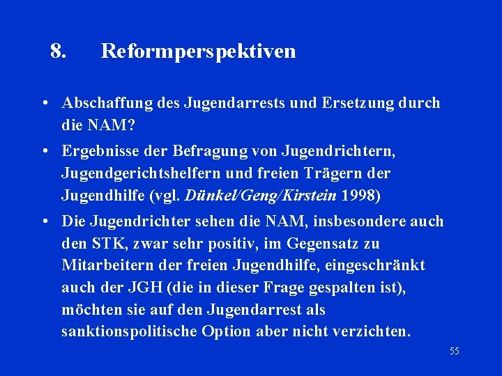 8. Reformperspektiven • Abschaffung des Jugendarrests und Ersetzung durch die NAM? • Ergebnisse der