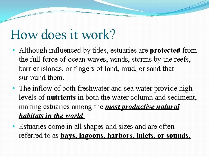 How does it work? • Although influenced by tides, estuaries are protected from the