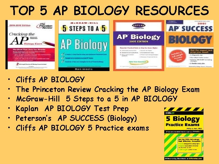 TOP 5 AP BIOLOGY RESOURCES • • • Cliffs AP BIOLOGY The Princeton Review