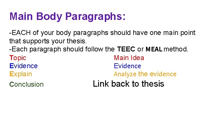 Main Body Paragraphs: -EACH of your body paragraphs should have one main point that