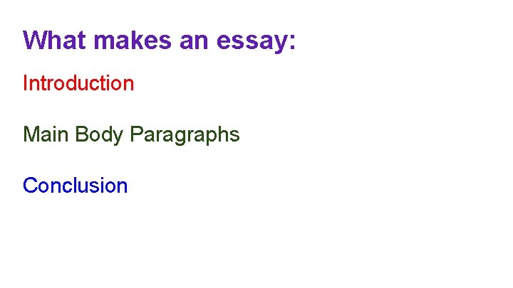 What makes an essay: Introduction Main Body Paragraphs Conclusion 