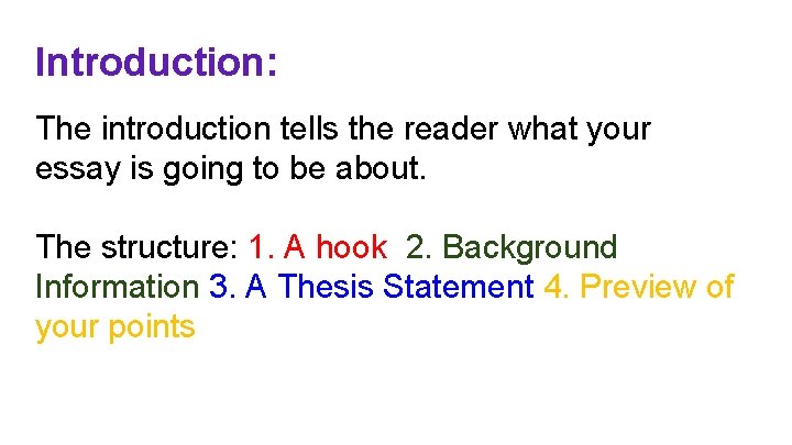 Introduction: The introduction tells the reader what your essay is going to be about.