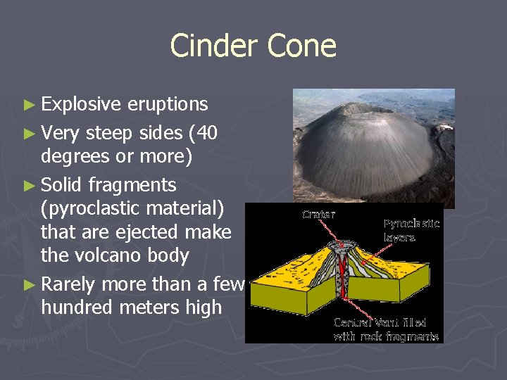 Cinder Cone ► Explosive eruptions ► Very steep sides (40 degrees or more) ►