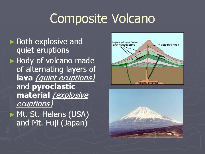 Composite Volcano ► Both explosive and quiet eruptions ► Body of volcano made of