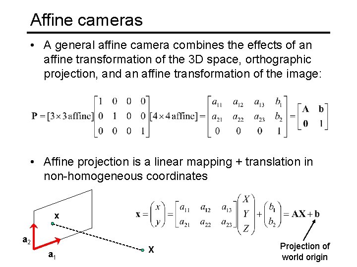 Affine cameras • A general affine camera combines the effects of an affine transformation