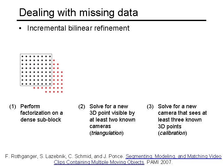 Dealing with missing data • Incremental bilinear refinement (1) Perform factorization on a dense