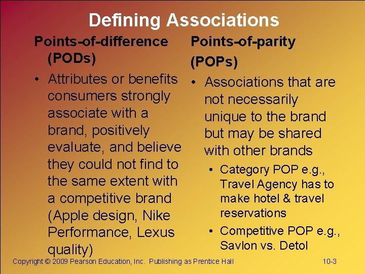 Defining Associations Points-of-difference Points-of-parity (PODs) (POPs) • Attributes or benefits • Associations that are