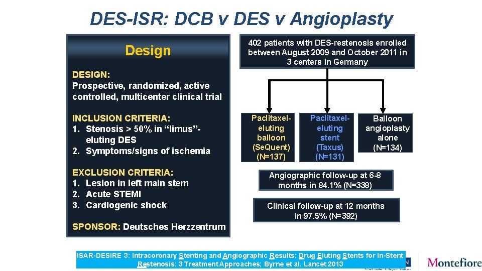 DES-ISR: DCB v DES v Angioplasty Design 402 patients with DES-restenosis enrolled between August
