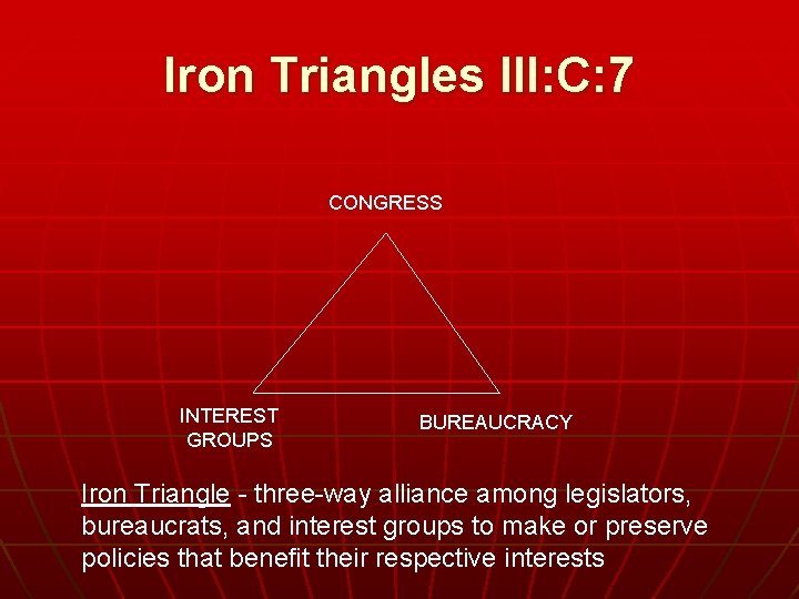 Iron Triangles III: C: 7 CONGRESS INTEREST GROUPS BUREAUCRACY Iron Triangle - three-way alliance