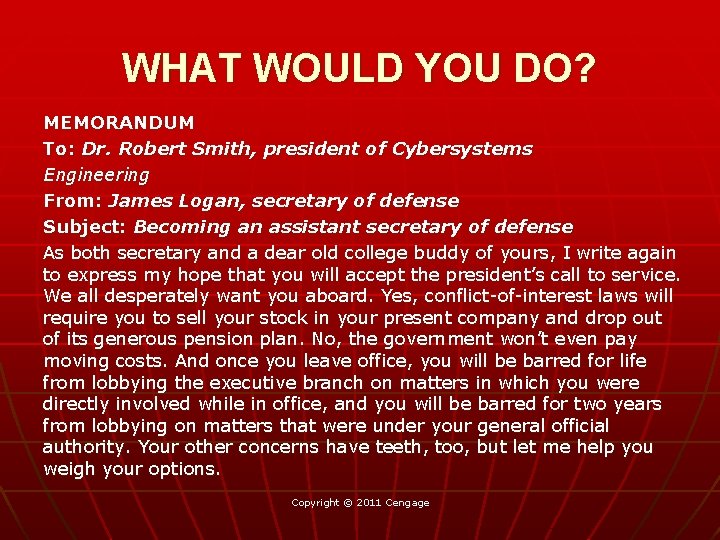 WHAT WOULD YOU DO? MEMORANDUM To: Dr. Robert Smith, president of Cybersystems Engineering From: