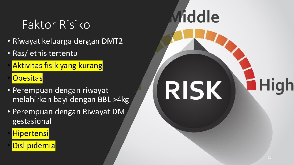 Faktor Risiko • Riwayat keluarga dengan DMT 2 • Ras/ etnis tertentu • Aktivitas