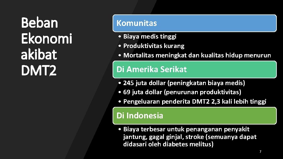 Beban Ekonomi akibat DMT 2 Komunitas • Biaya medis tinggi • Produktivitas kurang •