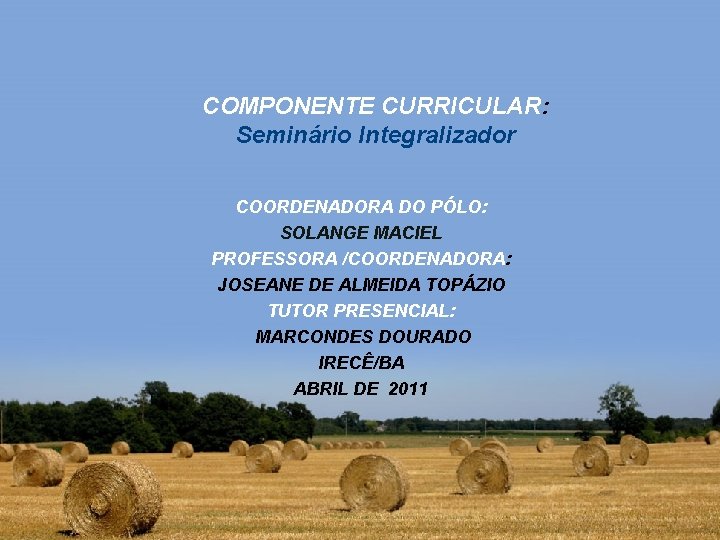 COMPONENTE CURRICULAR: Seminário Integralizador COORDENADORA DO PÓLO: SOLANGE MACIEL PROFESSORA /COORDENADORA: JOSEANE DE ALMEIDA