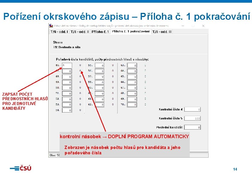 Pořízení okrskového zápisu – Příloha č. 1 pokračování ZAPSAT POČET PŘEDNOSTNÍCH HLASŮ PRO JEDNOTLIVÉ