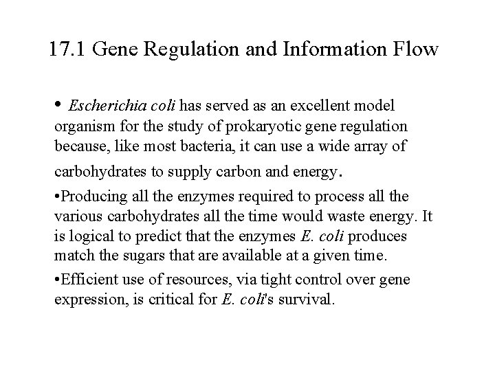 17. 1 Gene Regulation and Information Flow • Escherichia coli has served as an