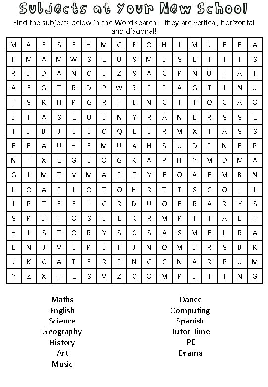 Find the subjects below in the Word search – they are vertical, horizontal and