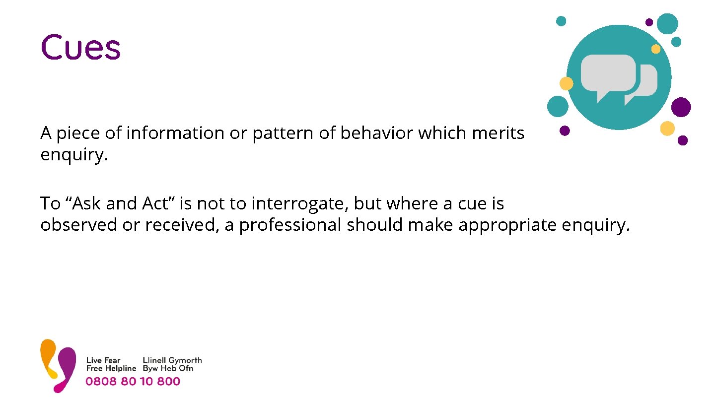 Cues A piece of information or pattern of behavior which merits enquiry. To “Ask