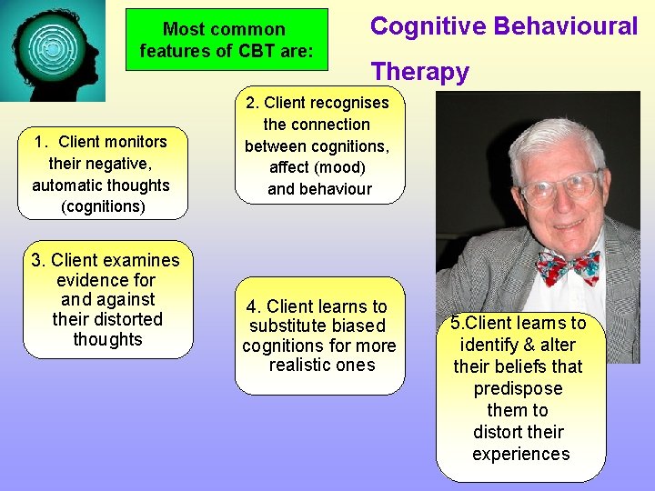 Most common features of CBT are: 1. Client monitors their negative, automatic thoughts (cognitions)